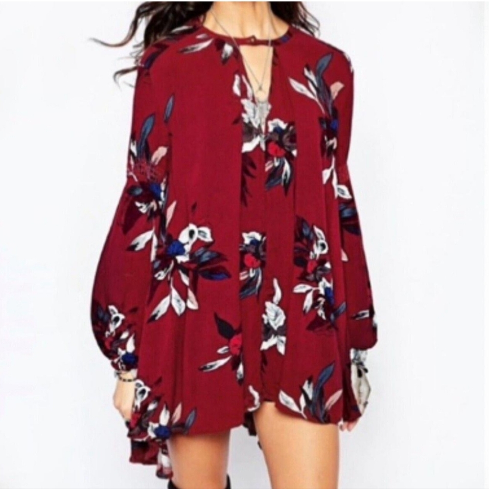 Free People Electric Orchid Tree Swing Tunic Dress Red Boho Peasant Festival XS - Picture 4 of 17